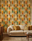 Sunlit Pillars retro geometric column wallpaper creating ambiance in a serene bathroom