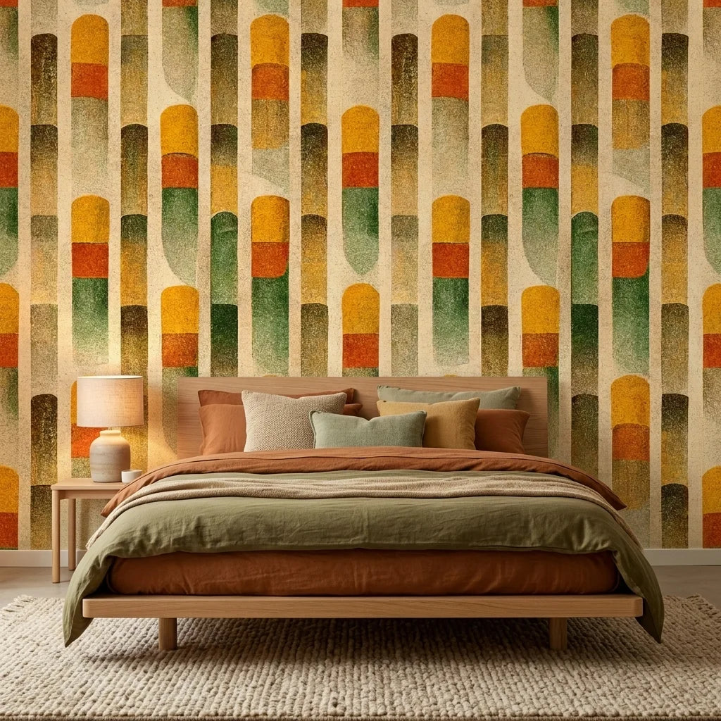 Sunlit Pillars retro geometric column wallpaper in a warm and inviting living room