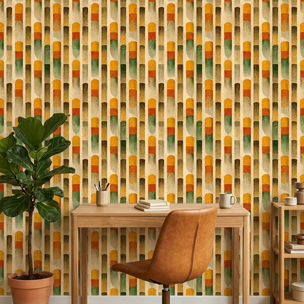 Sunlit Pillars retro geometric column wallpaper adding character to a cozy bedroom