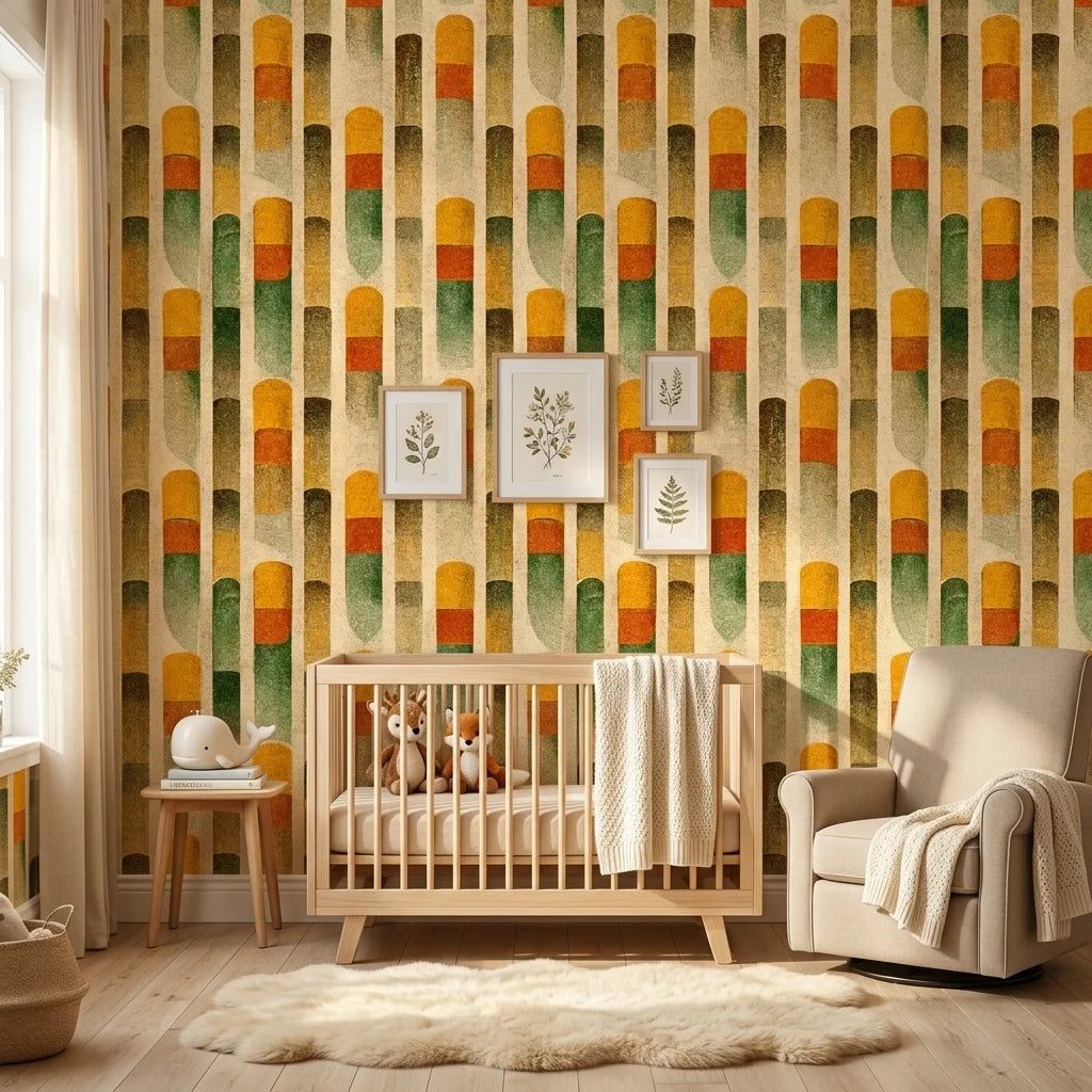 Sunlit Pillars retro geometric column wallpaper as a feature wall in a bright home office