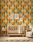Sunlit Pillars retro geometric column wallpaper as a feature wall in a bright home office