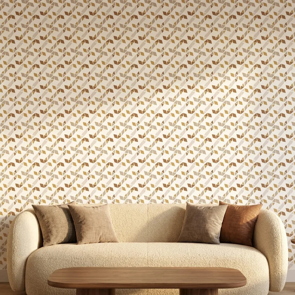 Sunlit Shards neutral geometric peel and stick wallpaper in a warm and inviting living room