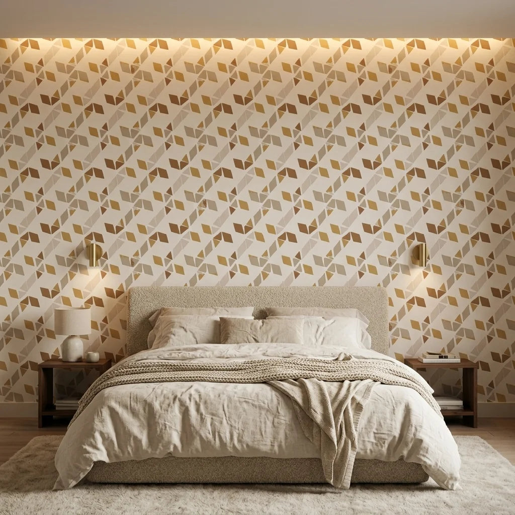 Sunlit Shards neutral geometric peel and stick wallpaper adding character to a cozy bedroom