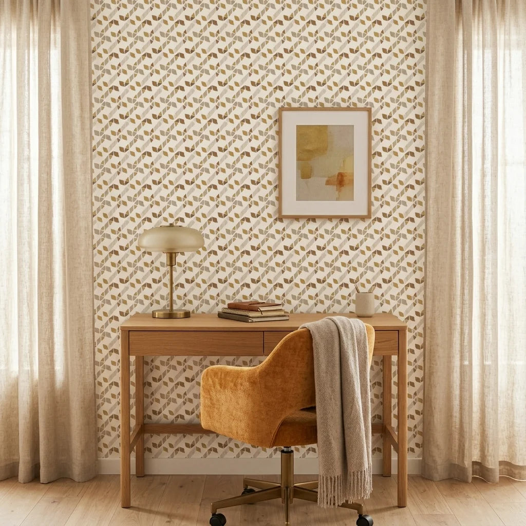 Sunlit Shards neutral geometric peel and stick wallpaper as a feature wall in a bright home office