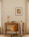 Sunlit Shards neutral geometric peel and stick wallpaper as a feature wall in a bright home office
