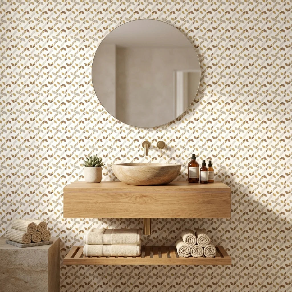 Sunlit Shards neutral geometric peel and stick wallpaper creating ambiance in a serene bathroom