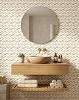 Sunlit Shards neutral geometric peel and stick wallpaper creating ambiance in a serene bathroom