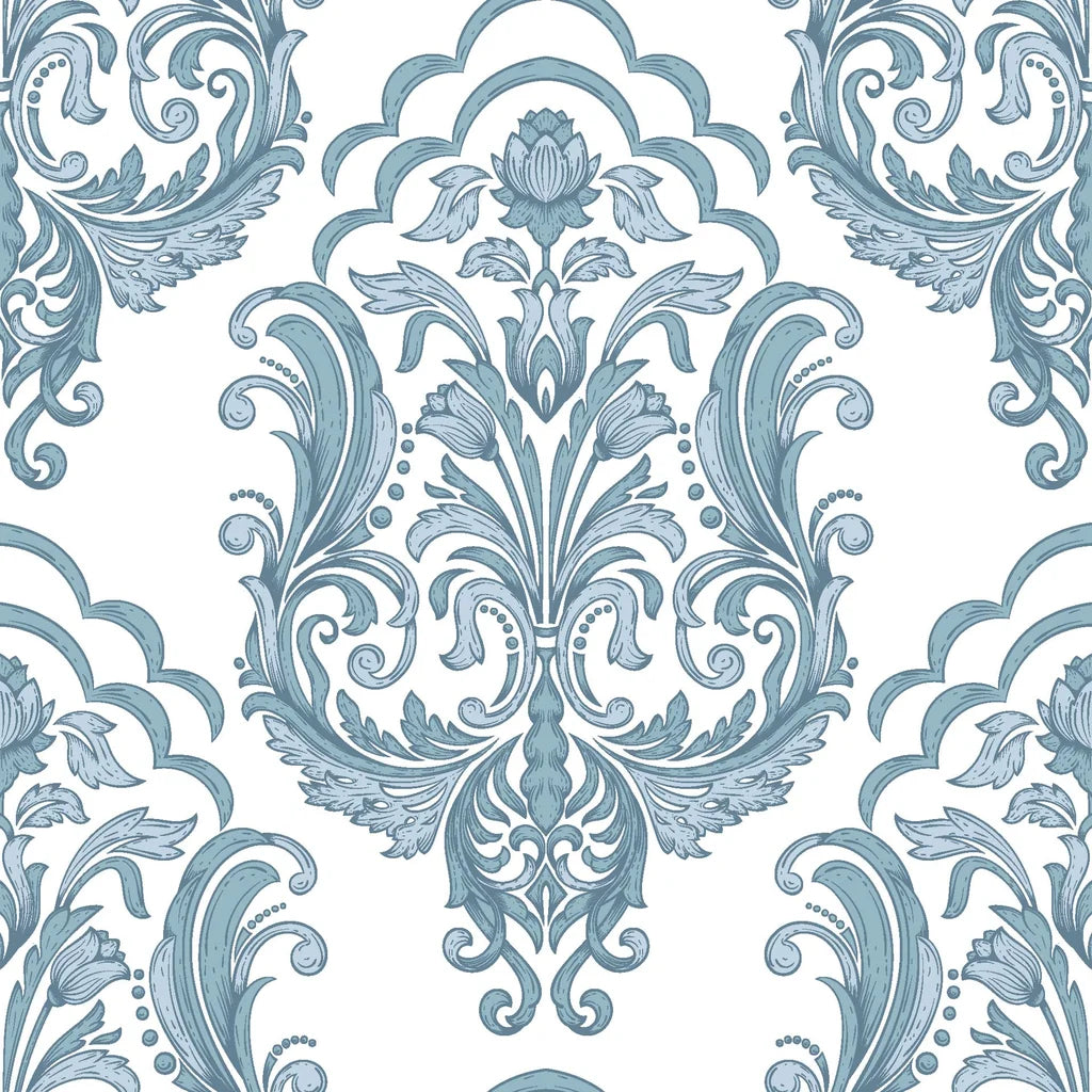Sunlit Thicket blue floral damask wallpaper