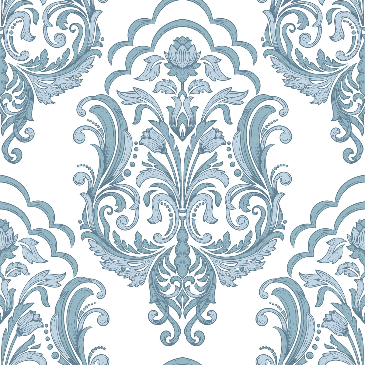 Sunlit Thicket blue floral damask wallpaper