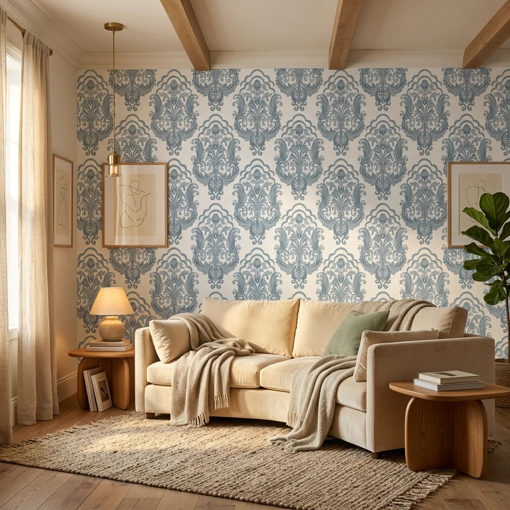 Sunlit Thicket blue floral damask wallpaper in a warm and inviting living room