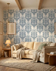 Sunlit Thicket blue floral damask wallpaper in a warm and inviting living room