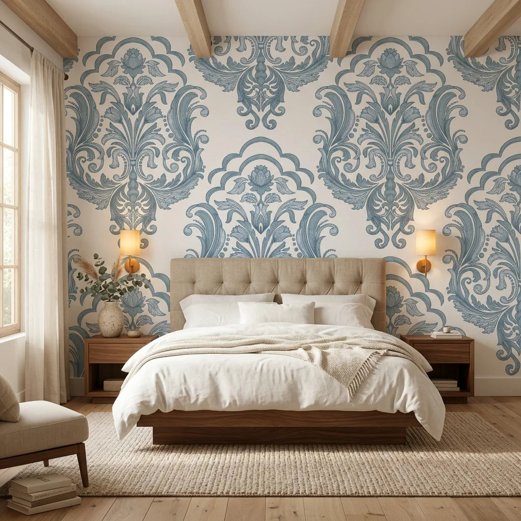 Sunlit Thicket blue floral damask wallpaper adding character to a cozy bedroom
