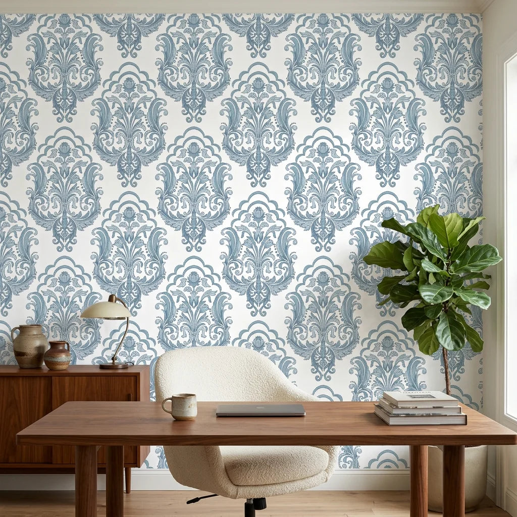 Sunlit Thicket blue floral damask wallpaper as a feature wall in a bright home office