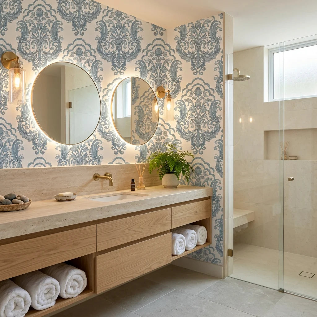 Sunlit Thicket blue floral damask wallpaper creating ambiance in a serene bathroom