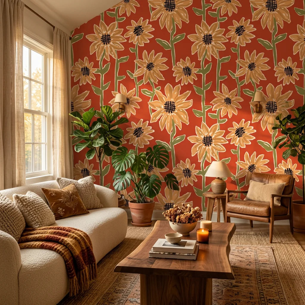 Sunset Scribbles vibrant sunflower wallpaper in a warm and inviting living room