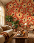 Sunset Scribbles vibrant sunflower wallpaper in a warm and inviting living room