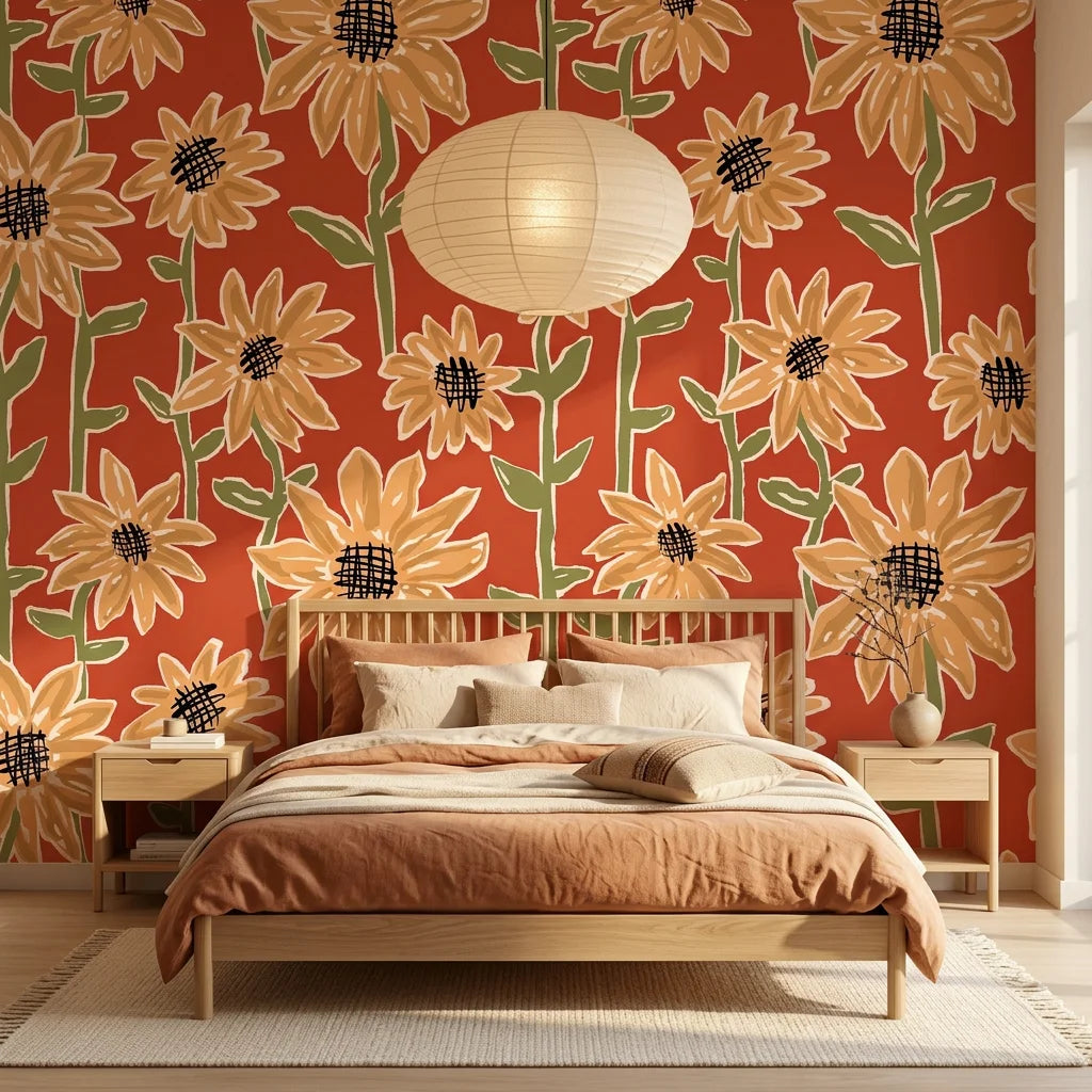 Sunset Scribbles vibrant sunflower wallpaper adding character to a cozy bedroom