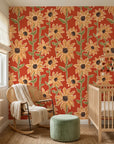 Sunset Scribbles vibrant sunflower wallpaper as a feature wall in a bright home office