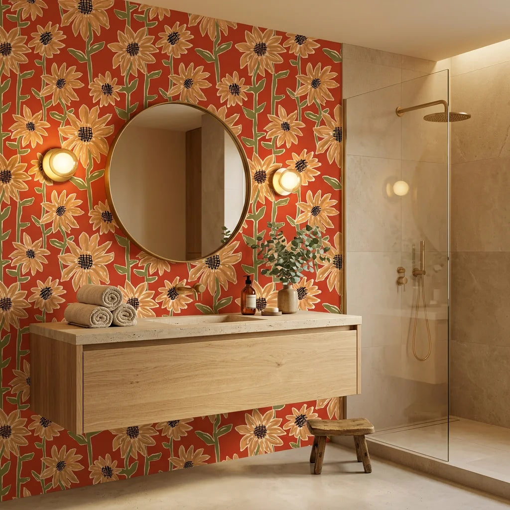 Sunset Scribbles vibrant sunflower wallpaper creating ambiance in a serene bathroom