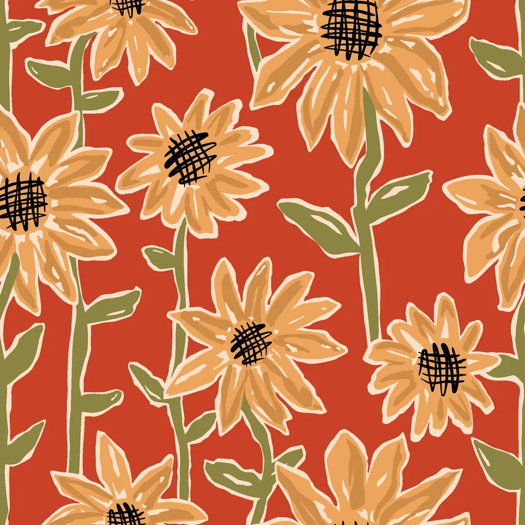 Terracotta wallpaper displaying a yellow, scribbled sunflower design. Sunset Scribbles