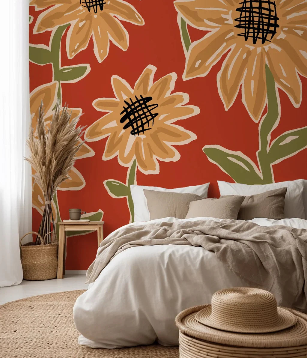 A terracotta-colored wall covering with a hand-drawn yellow sunflower motif - Sunset Scribbles