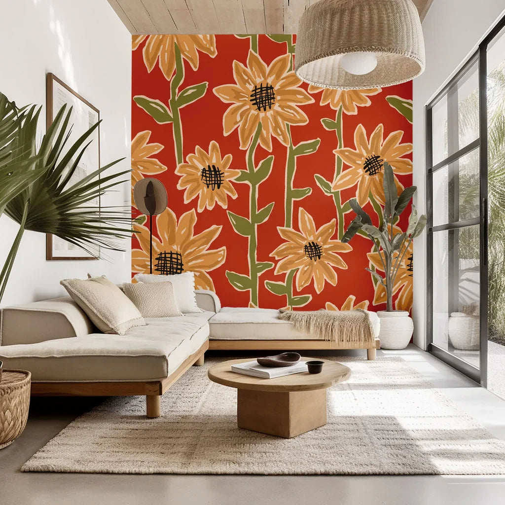Rust-red wallpaper background featuring a yellow hand-sketched sunflower floral design