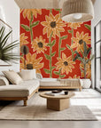 Rust-red wallpaper background featuring a yellow hand-sketched sunflower floral design