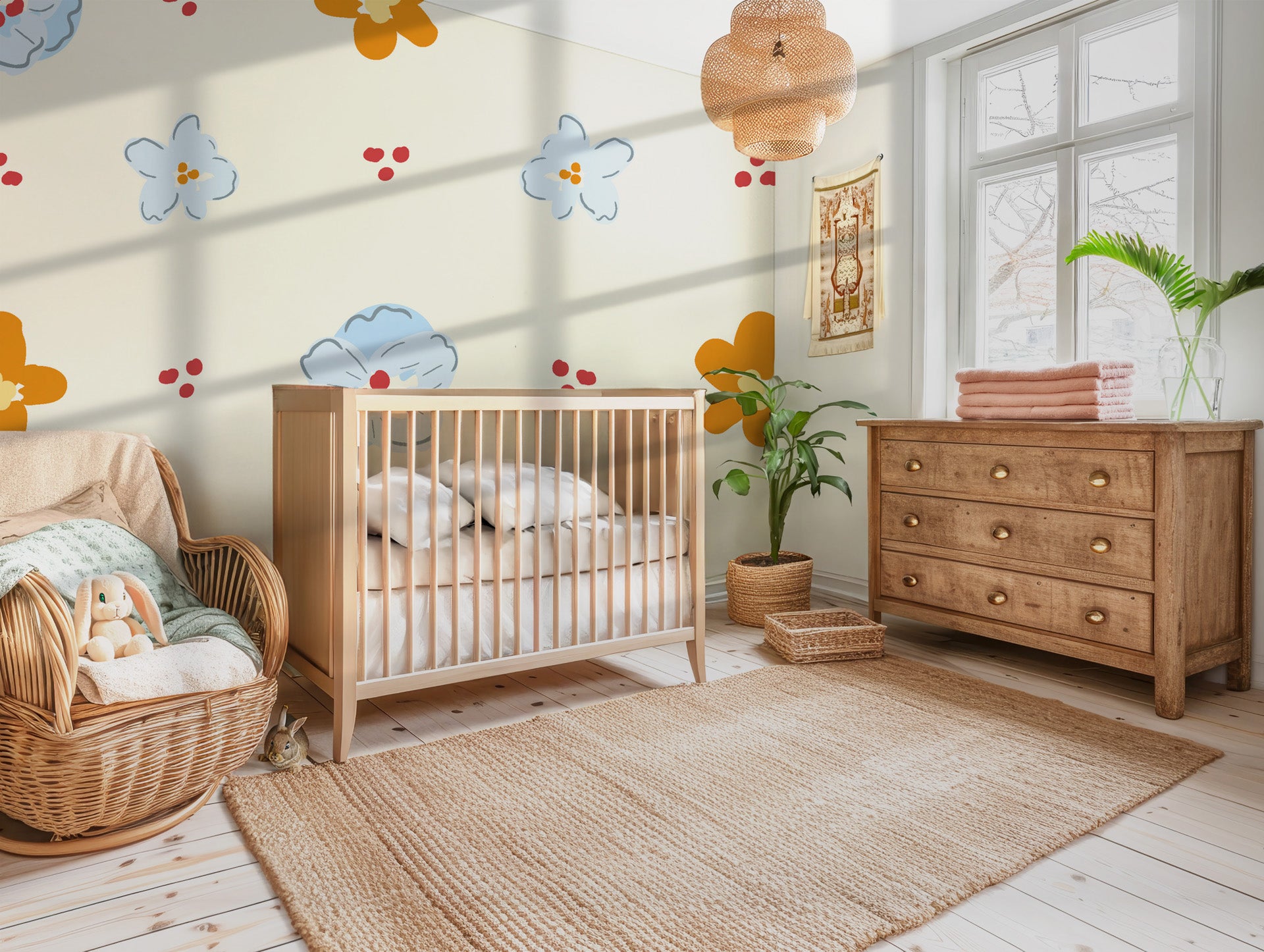 A fun pink and white checkered wall covering adorned with sweet brown teddy bears and bright red cherries