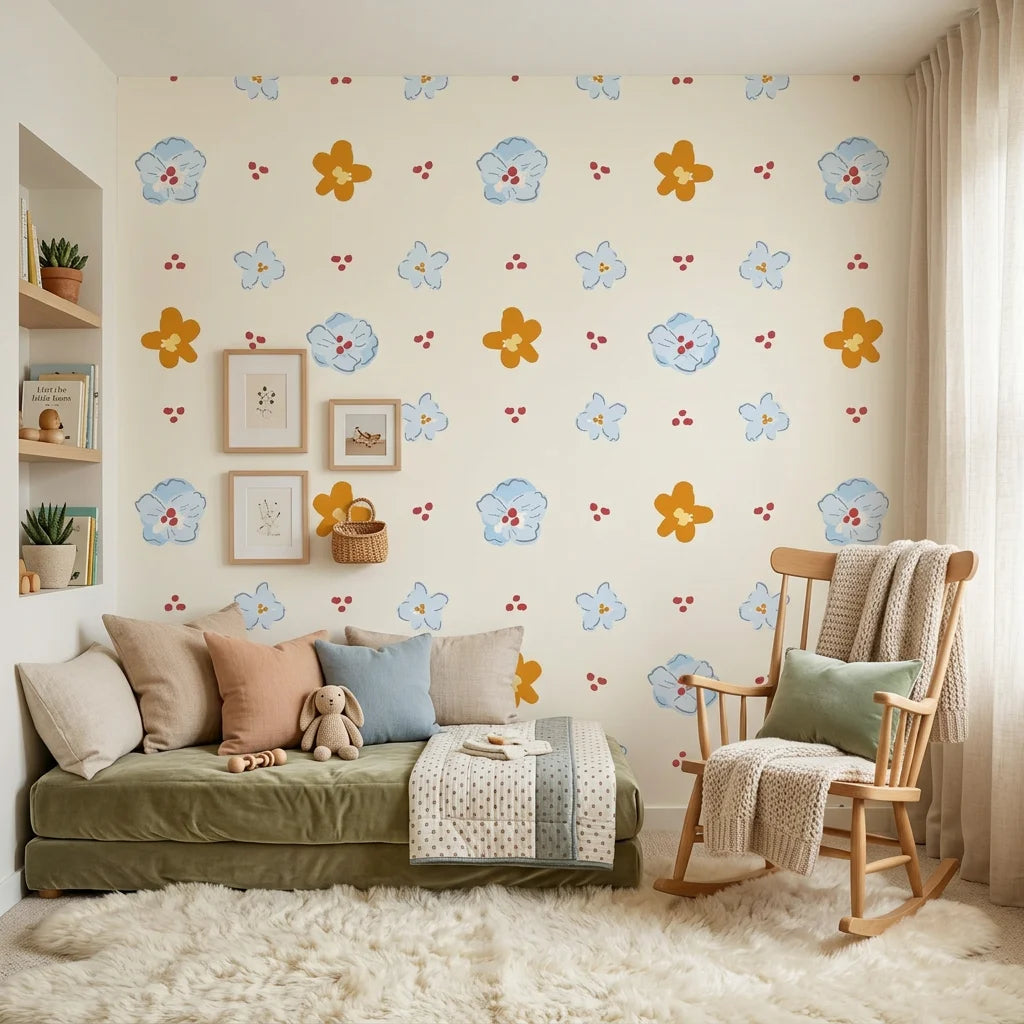 Sweet Bloom meadow sketch wallpaper in a warm and inviting living room