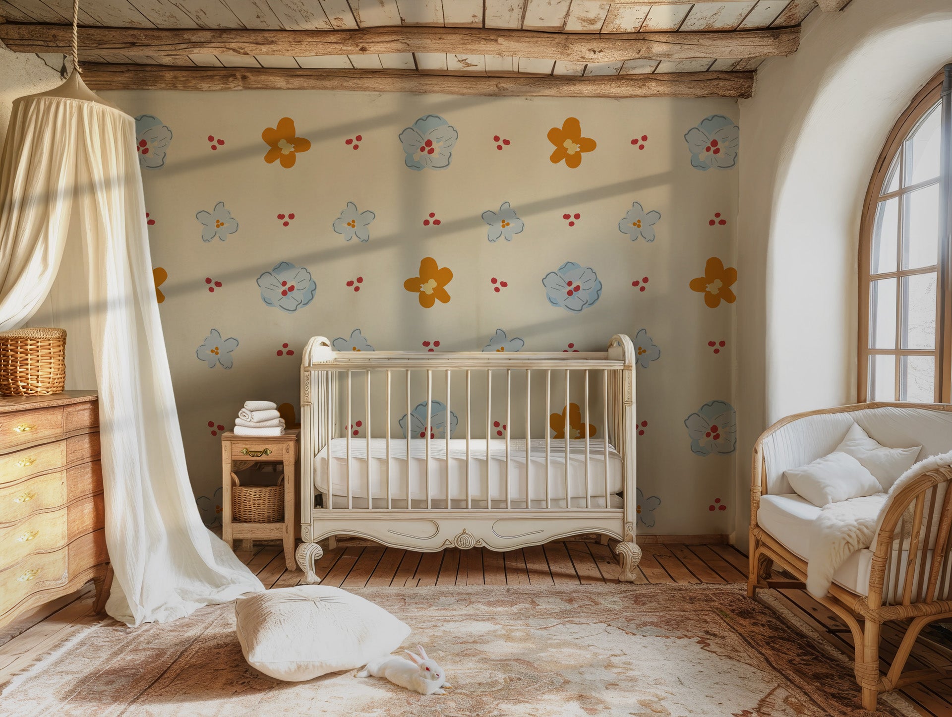 Design wall mural in pink checks, adorned with adorable brown bear figures and bright red cherry embellishments