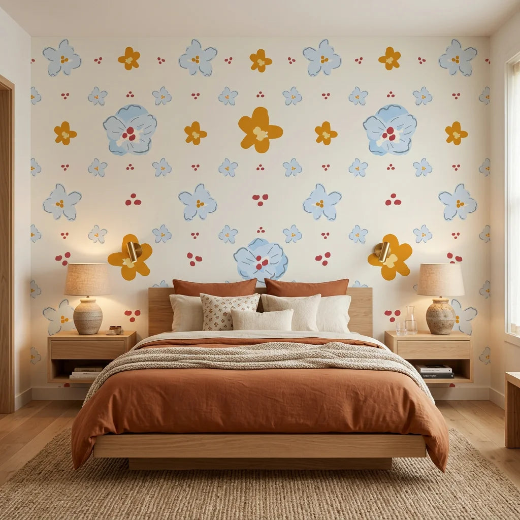 Sweet Bloom meadow sketch wallpaper adding character to a cozy bedroom