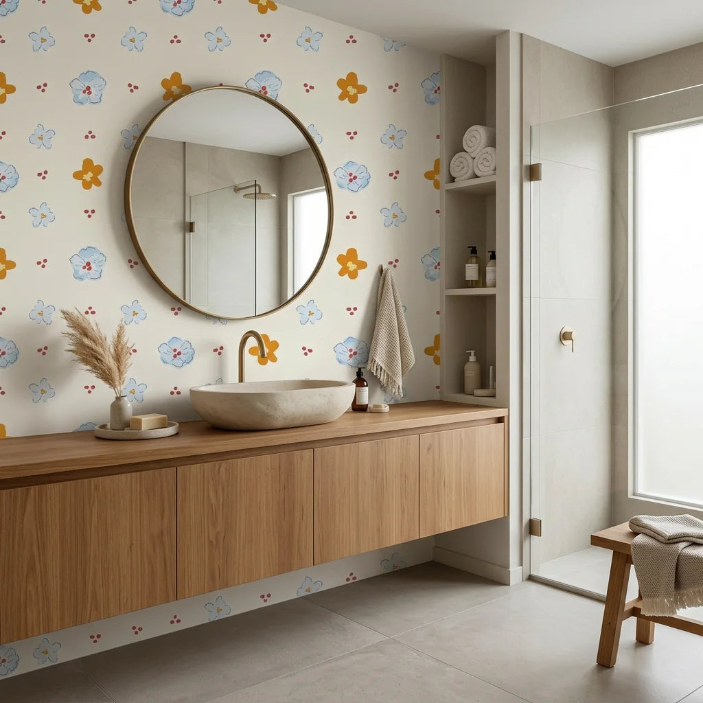 Sweet Bloom meadow sketch wallpaper as a feature wall in a bright home office