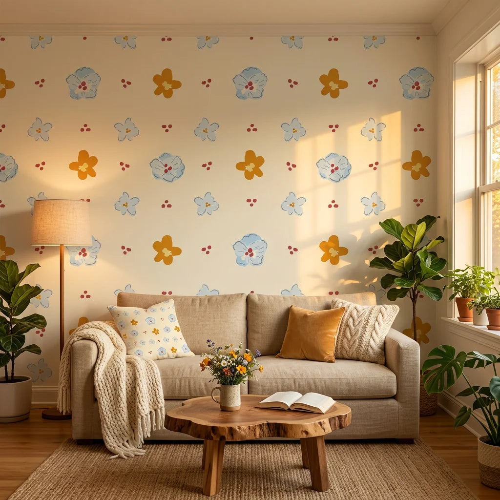 Sweet Bloom meadow sketch wallpaper creating ambiance in a serene bathroom