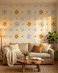 Sweet Bloom meadow sketch wallpaper creating ambiance in a serene bathroom