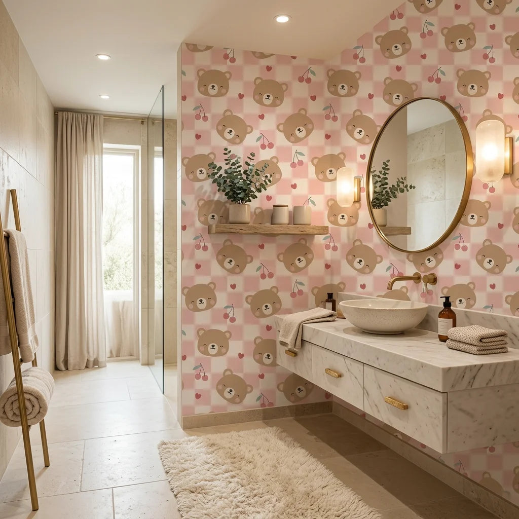 Sweet Dreams cozy children’s wallpaper creating ambiance in a serene bathroom