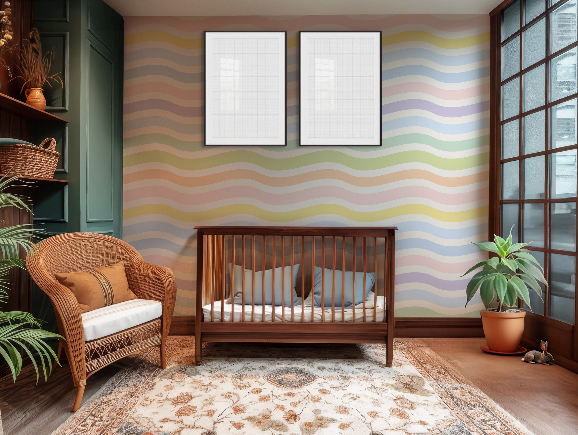 Horizontal, wavy stripes in muted pastel tones form a gentle rainbow pattern on this white wallpaper.