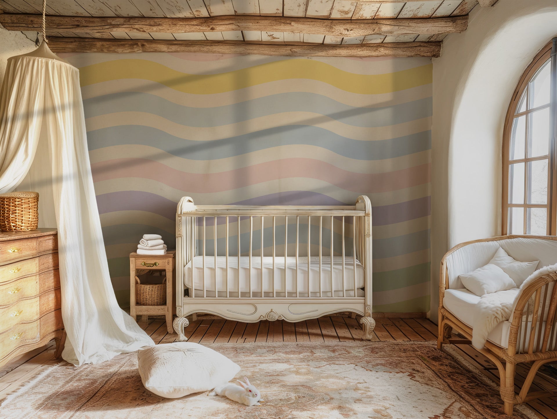 Horizontal stripes, gentle and wavy, covering a white wall surface in a soft, pastel-colored spectrum