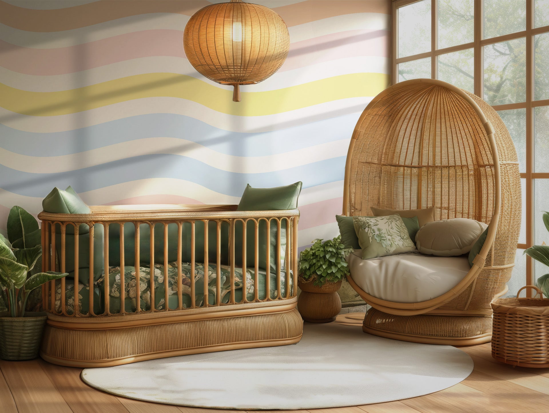 White wall covering characterized by horizontal lines that wave softly, colored in a delicate pastel rainbow palette