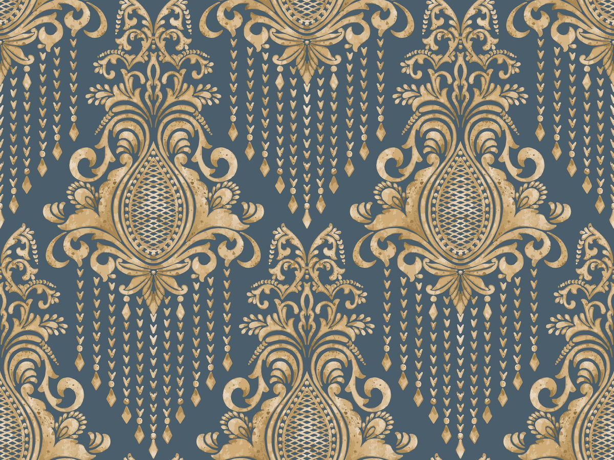 Sweet Pea Shadows gold and slate blue classic damask wallpaper