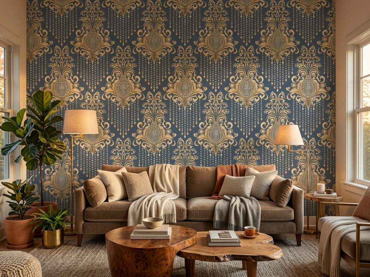 Sweet Pea Shadows gold and slate blue classic damask wallpaper in a warm and inviting living room