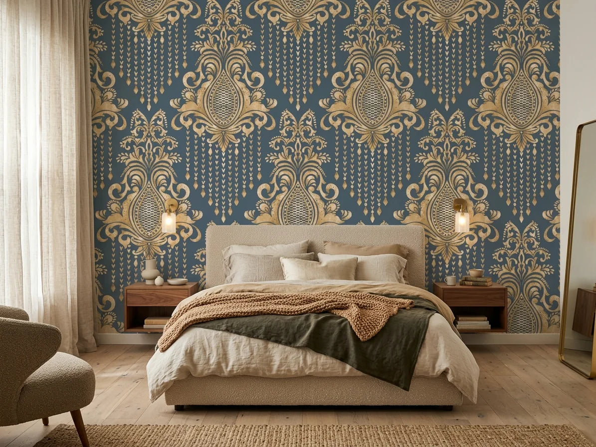 Sweet Pea Shadows gold and slate blue classic damask wallpaper adding character to a cozy bedroom