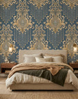 Sweet Pea Shadows gold and slate blue classic damask wallpaper adding character to a cozy bedroom