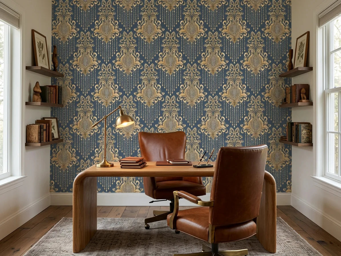 Sweet Pea Shadows gold and slate blue classic damask wallpaper as a feature wall in a bright home office