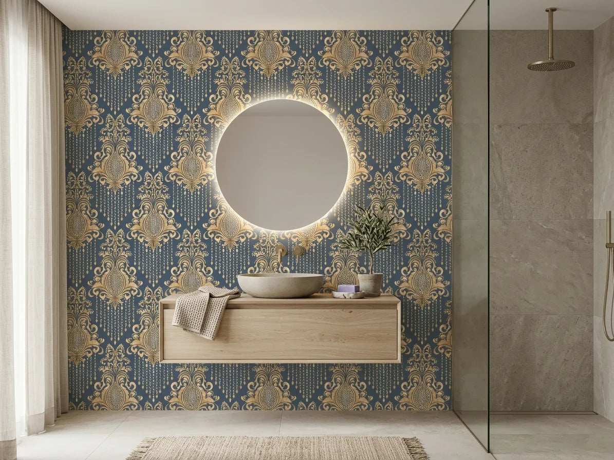 Sweet Pea Shadows gold and slate blue classic damask wallpaper creating ambiance in a serene bathroom