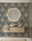Sweet Pea Shadows gold and slate blue classic damask wallpaper creating ambiance in a serene bathroom