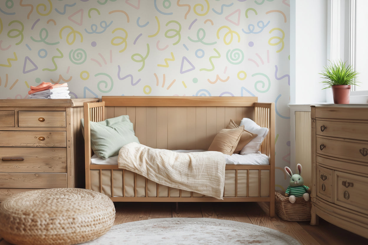 Thin, multicolored, undulating squiggles and spots cover a contemporary ivory wall covering