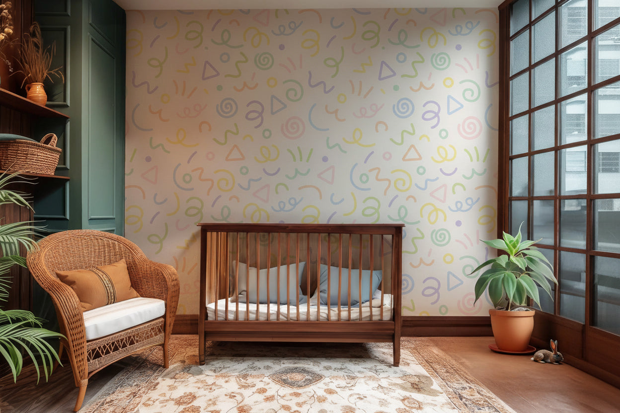 Contemporary ivory wallpaper adorned with tiny, colorful, undulating squiggles and spotted elements.