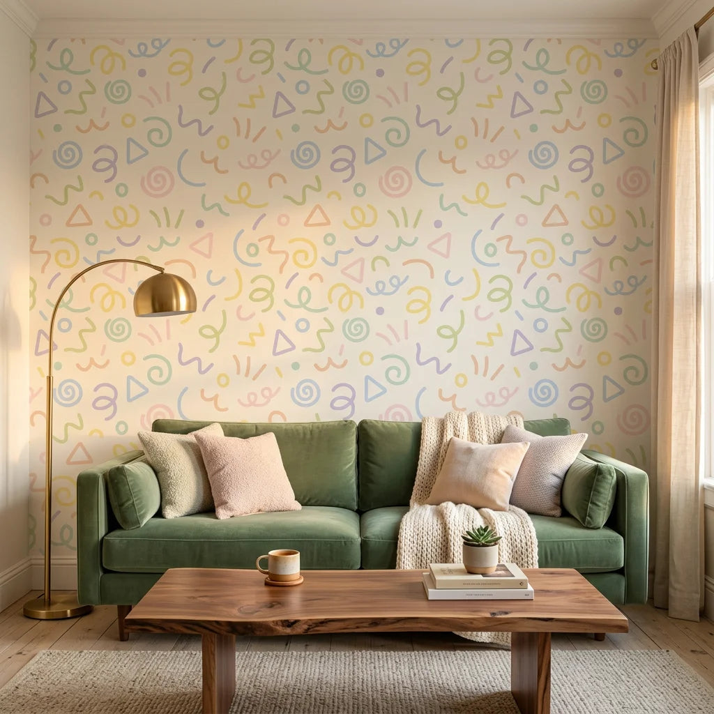 Sweet Sprinkle pastel scribble wallpaper adding character to a cozy bedroom