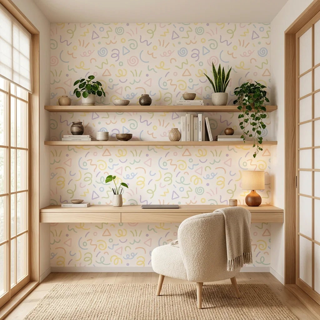 Sweet Sprinkle pastel scribble wallpaper as a feature wall in a bright home office