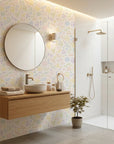 Sweet Sprinkle pastel scribble wallpaper creating ambiance in a serene bathroom